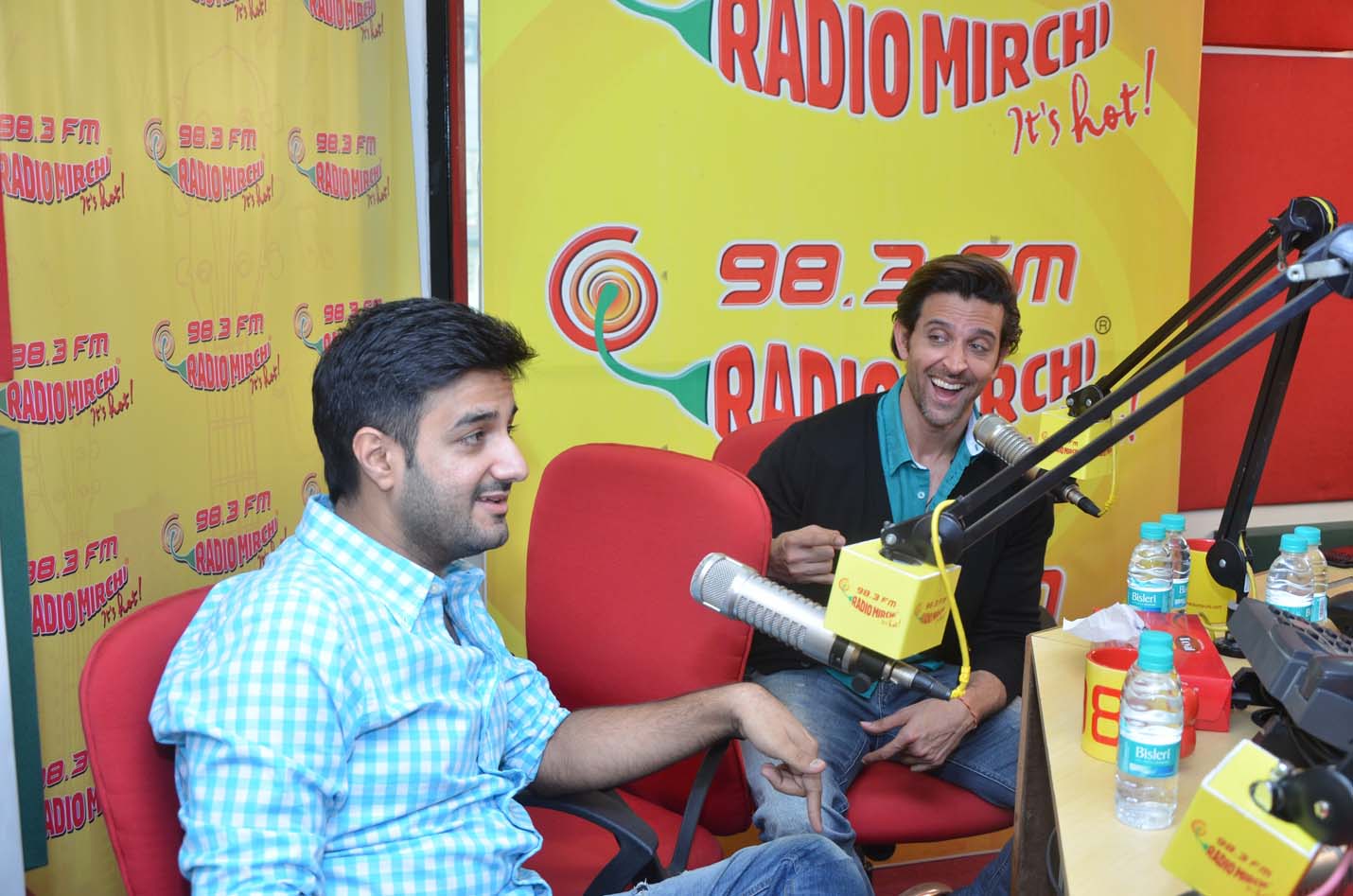 Siddharth Anand & Hrithik Roshan at Radio Mirchi studio for the success of Bang Bang