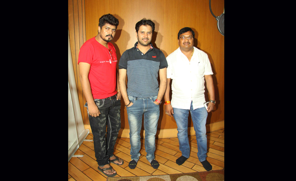 Video director Sandy Dhanurdhari, Singer Javed Ali & Amrendra Verma (Producer, Agrim Media Entertainment) at the song recording of album SHAMBO