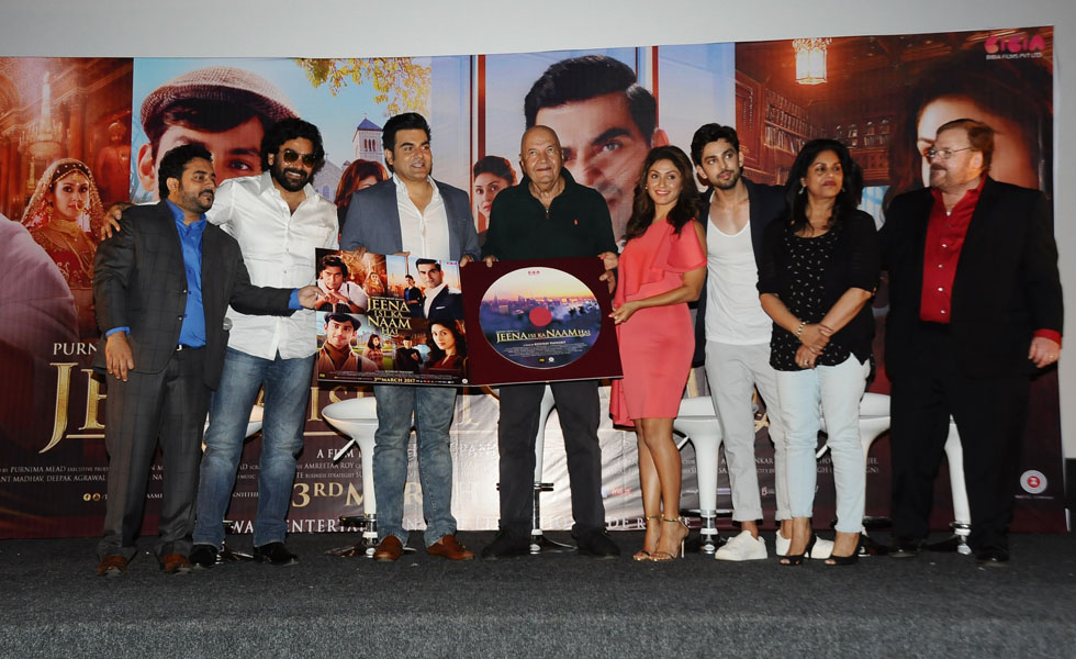 Director Keshhav Panneriy, Ashutosh Rana, Arbaaz Khan, Prem Chopra, Manjari Fadnis, Himansh Kolhi producers Purnima Mead and Stanton Mead at the music launch of Jeena Isi Ka Naam Hai