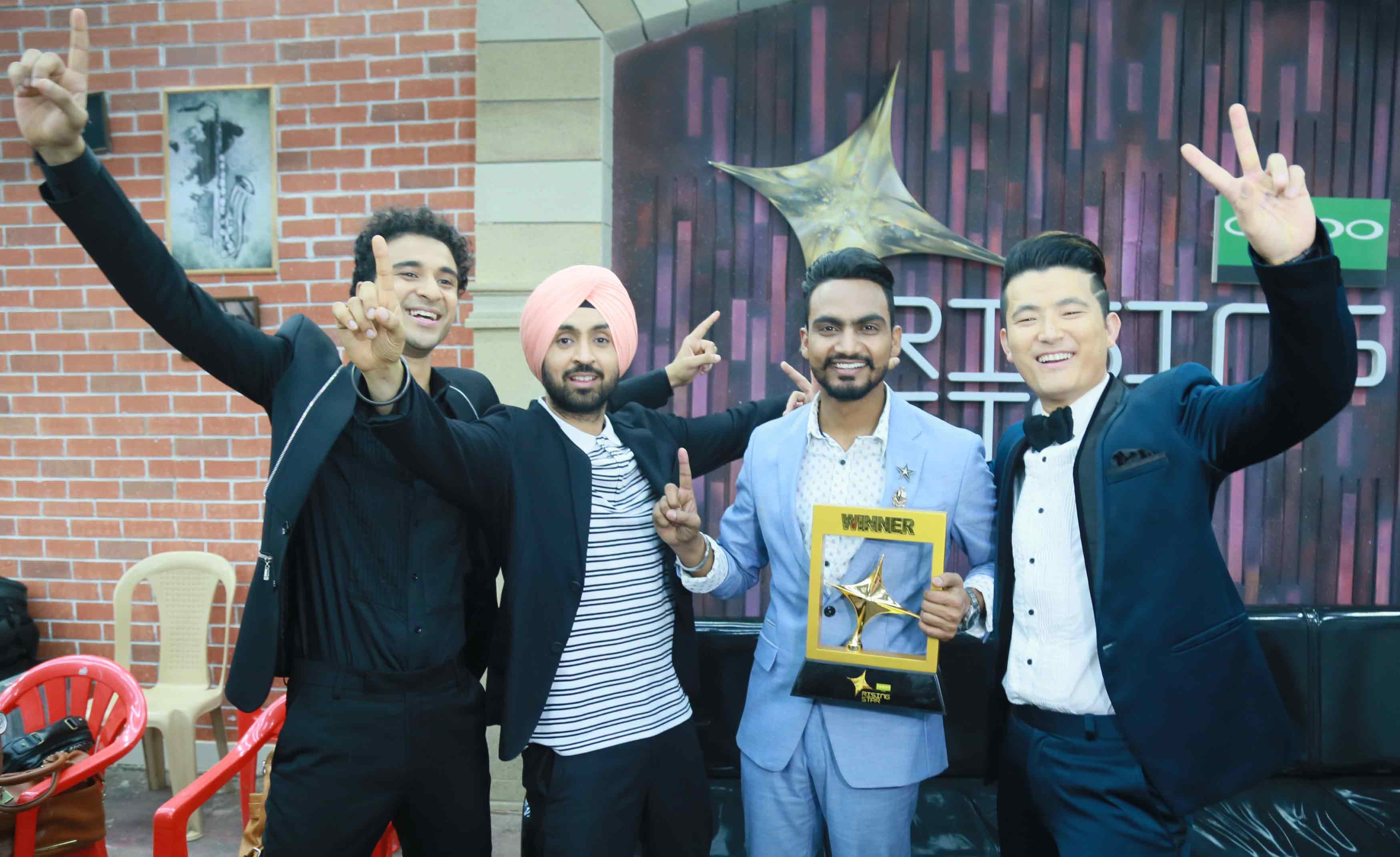 Raghav-Juyal,-Diljit-Dosanjh-and-Meiyang-Chang-along-with-Rising-Star-winner-Bannet-Dosanjh